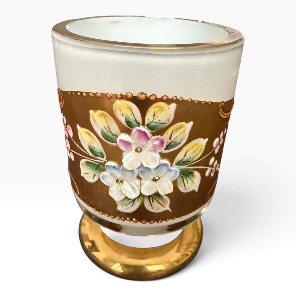 Vintage Bohemian Glass Footed Toothpick Match Holder Gold Gilt Hand Painted